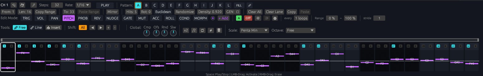 TOMiC step sequencer: pattern banks A–L and FILL, edit modes (TRIG, VOL, PAN, PITCH, PROB, COND, MORPH), Euclidean and randomize tools, scale quantization and a pitch lane